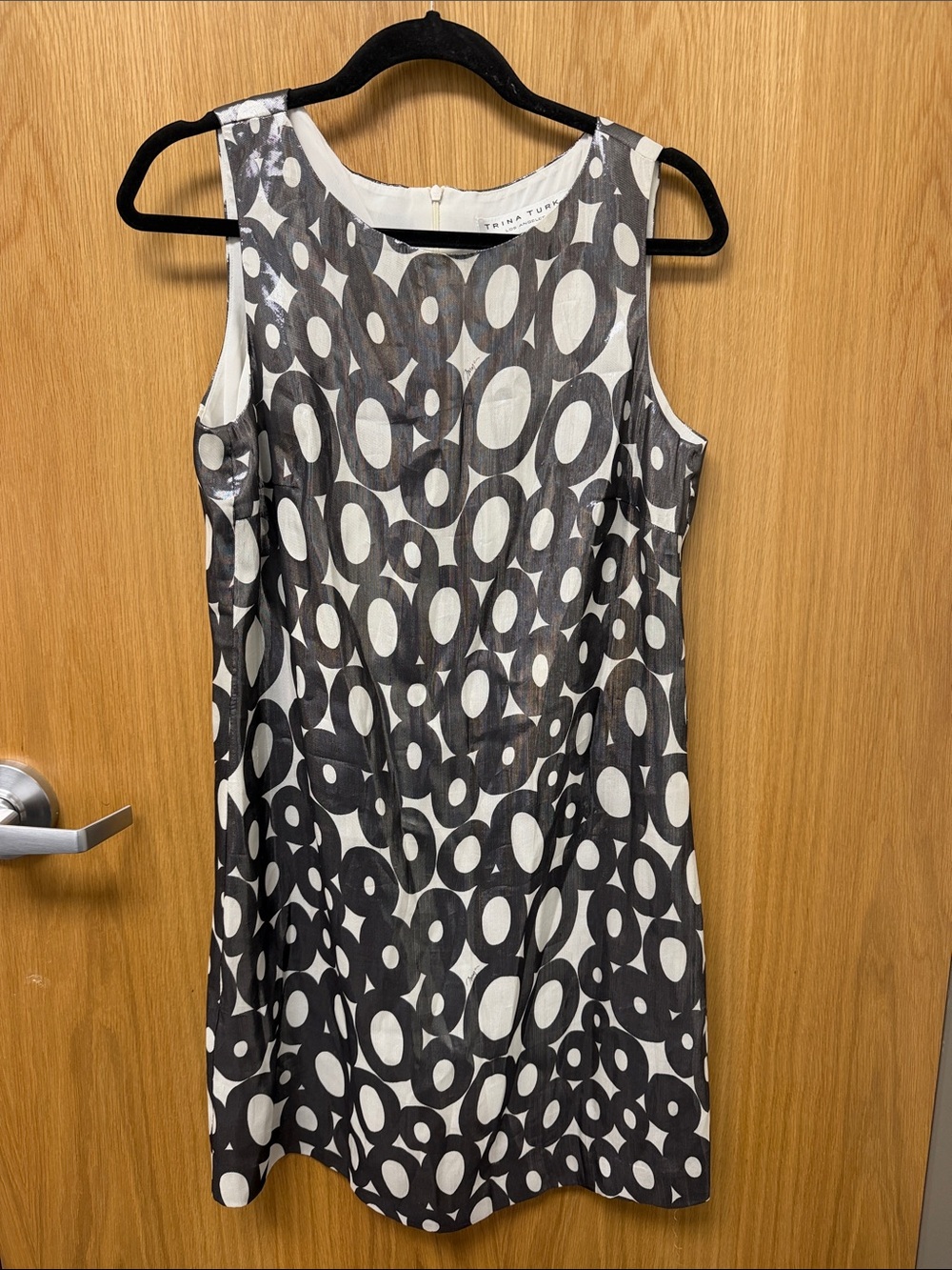 Trina Turk Black and White Geometric Sleeveless Silk Blend Mod Style Shift Dress